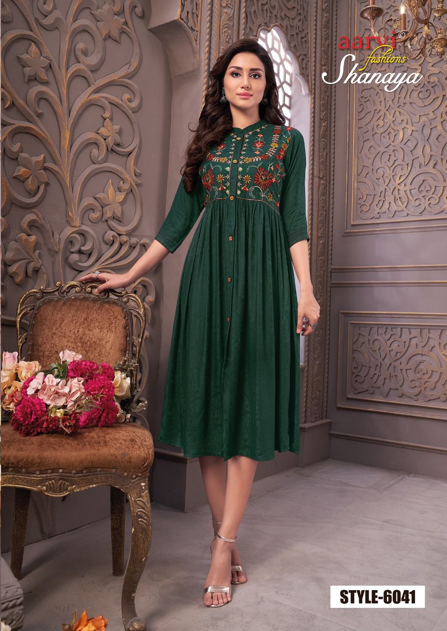 Aarvi Shanaya 4 rayon Designer Fancy Wear Embroidery Kurti Collection